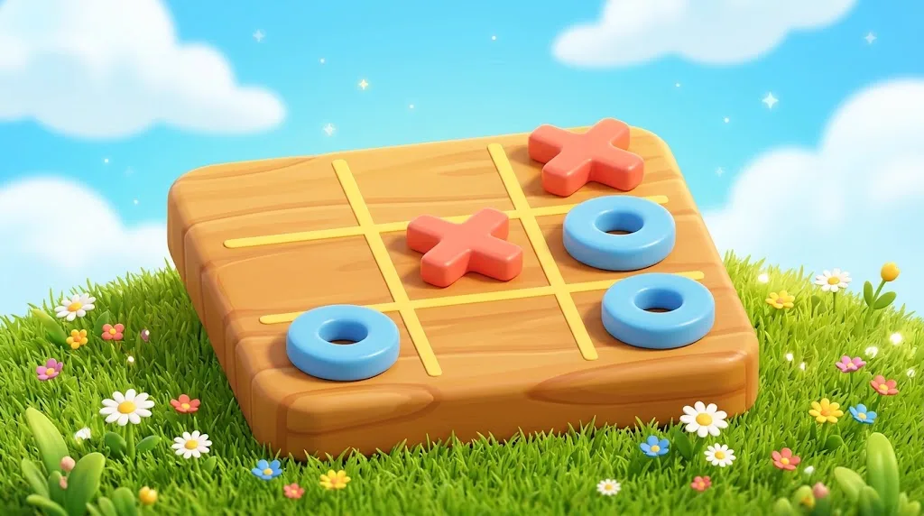 Tabuleiro colorido de jogo da velha com peças de X e O num gramado florido